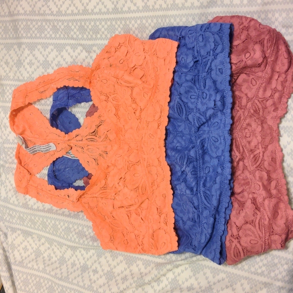 Free People Other - Free People, 3 pairs of lace bralettes, size S, in pink, blue, orange. Like new